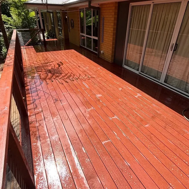 Hardwood deck running the length of a house