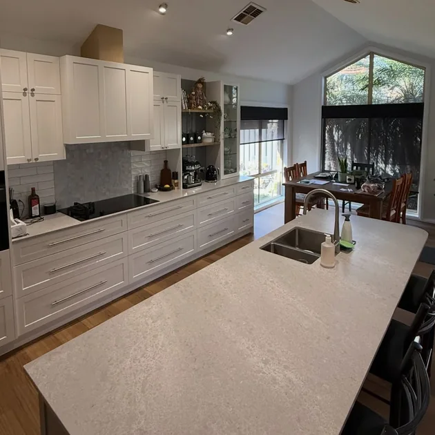 Open plan kitchen and living area under a raked ceiling