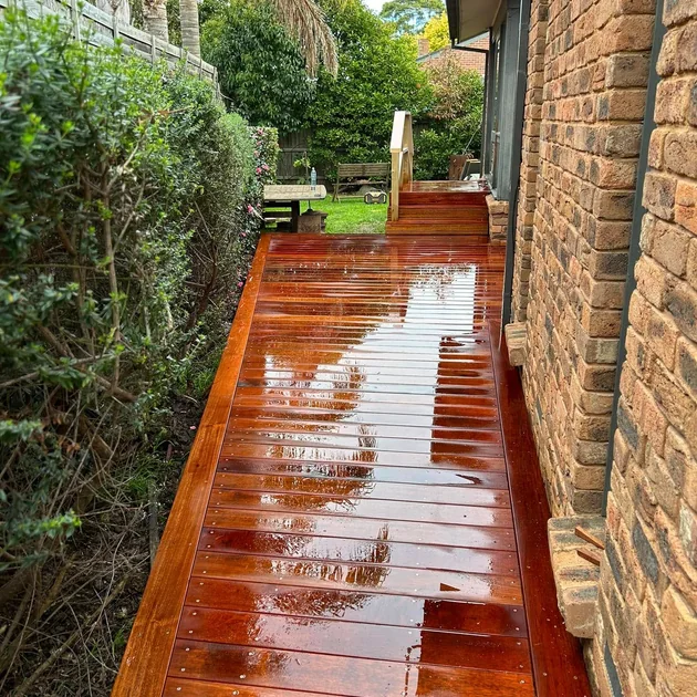 Close detail of freshly oiled merbau decking boards